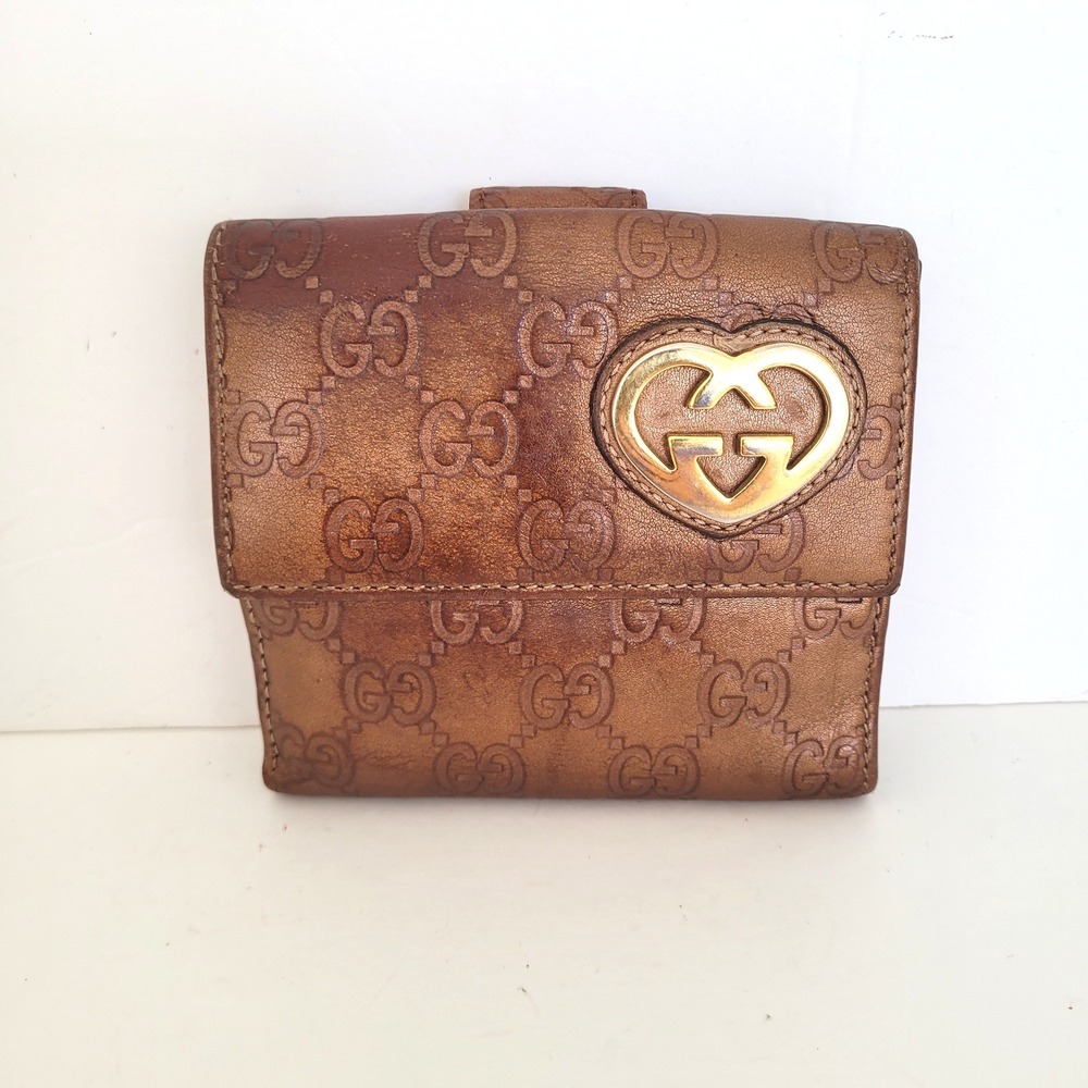 Gucci Guccissima Heart Bit French Flap Wallet Metallic Bronze Leather 203549